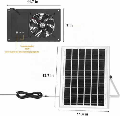 Vista 5 de Ventilador solar para gallinero con cable de 16.4 pies, temporizador de 3/6