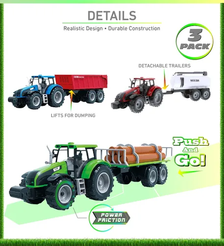 Vista 2 de Mozlly Juego de juguete de remolque de tractor de granja alimentado por fricción, juguetes de remolque de 16 pulgadas para niños y niñas, tanque