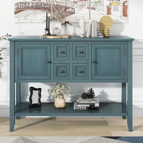 Vista 3 de Merax Mesa de buffet de madera con estante de almacenamiento, 2 cajones y armarios, gabinete de barra de café para sala de estar, comedor, cocina