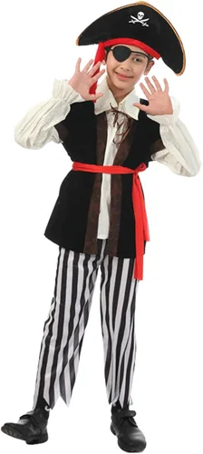 Vista 2 de TICIFEN Disfraz de pirata para niños, juego de rol de pirata, abrigo para niños, pantalones, sombrero con accesorios, juego de lujo para fiesta