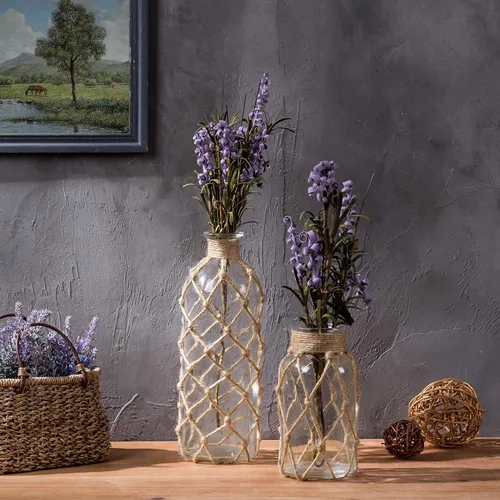 Vista 2 de MyGift Jarrones pequeños de cristal para flores, juego de 2 jarrones de flores costeros con envoltura de cuerda para mesas centros de mesa