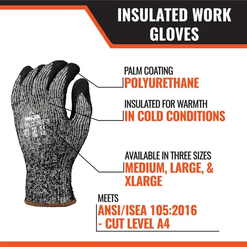 Vista 3 de Malta Dynamics Safety Gloves, 12 Pack Insulated Work Gloves, Comfortable Fit, ANSI Cut A4, PPE, Touch Screen, OSHA/ANSI/ISEA