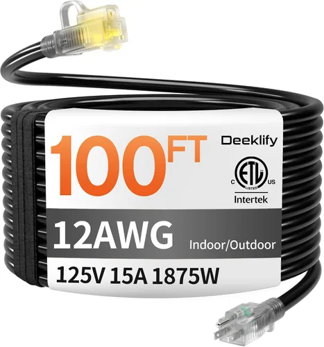 Vista 9 de Cable de extensión para exteriores de servicio pesado de calibre 12 de 50 pies con extremo iluminado, resistente al agua, cable de extensión de Negro