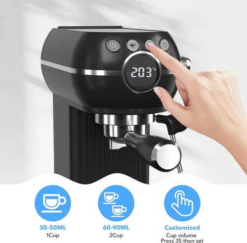 Vista 2 de HBN Máquina Compacta de Espresso de 20 Bar con Espumador de Leche, Tanque de Agua Extraíble de 27oz para Espacios Pequeños, Cafetera Casera