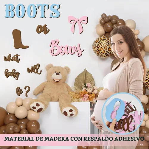 Vista 5 de Adhesivos de madera para señalización de revelación de género, arco de globos "¿Qué será el bebé?", botas o lazos, suministros de decoración