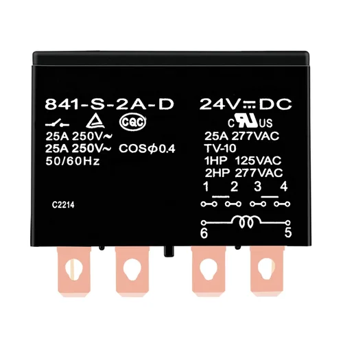 Vista 7 de 841-S-2A-D 12VDC Relé de propósito general 25A 277VAC con cubierta de polvo Terminal rápido DPDM 6 Pin