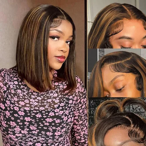Vista 5 de RECOOL Peluca de cabello humano Bob de 5 x 6 con encaje frontal lacio, pelucas cortas, sin pegamento, cabello humano virgen brasileño, nudos