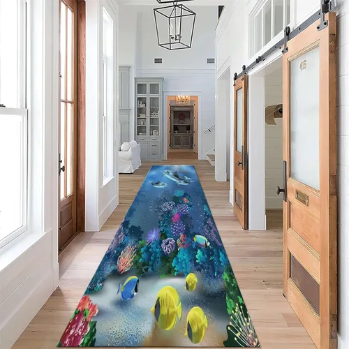 Vista 30 de Alfombra de pasillo larga con diseño de tortuga de acuarela, 2 x 6 pies, alfombra de camino de tortuga azul agua de mar para pasillos, alfombra