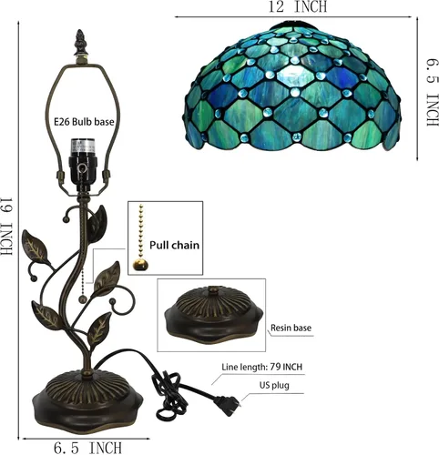 Vista 3 de Tiffany Table Lamp, Stained Glass Desk Light, W12H19 Inch, Metal Leaf Base (Sea Blue Pearl Style)