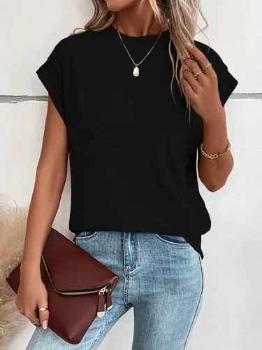 Vista 3 de WDIRARA Camiseta básica de manga casquillo con cuello alto falso para mujer