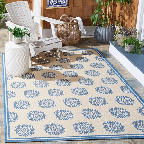 Vista 23 de SAFAVIEH Alfombra lavable al aire libre Linden Collection – 6 pies 7 pulgadas, cuadrada, aguamarina y crema, no desprende pelusa y fácil de limpiar