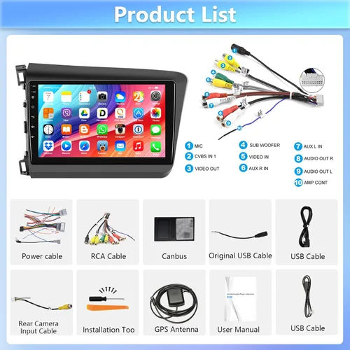 Vista 8 de Estéreo de coche para Honda Civic 2012 2013 2014 2015 con Bluetooth, podofo Android 13 9 pulgadas pantalla táctil receptor de radio de coche