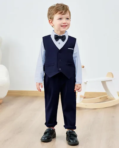 Vista 2 de ZOEREA Toddler Baby Boy Clothes 1-5T Gentleman Suit Long Sleeves Shirt + Suspender Pants + Bowtie Toddler Boy Outfits