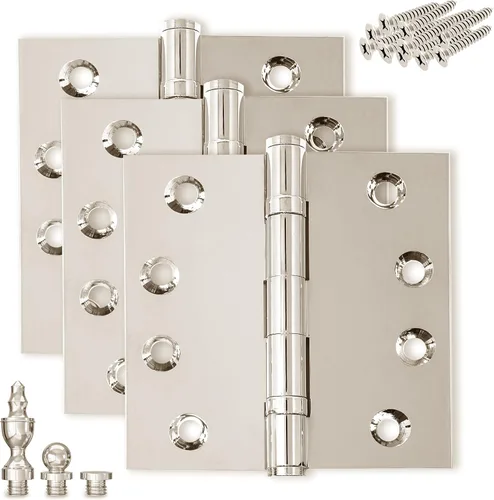 Vista 9 de Bisagra de puerta de latón macizo, rodamiento de bolas resistente, 4 x 4 pulgadas, con puntas decorativas de rosca incluidas, juego de 4 bisagras