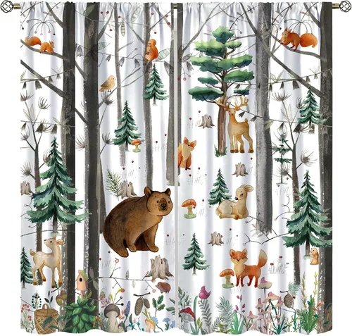 Vista 17 de YCness Cortinas para niños y niñas, diseño de animales de la selva, bosque de otoño, dibujos animados, ciervos, conejos, zorros, búhos, cortinas
