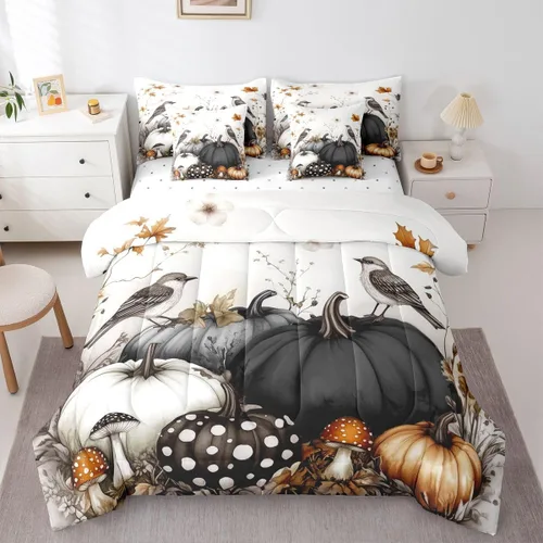 Vista 24 de Feelyou Fall Pumpkin Comforter Set with Sheets 7 Piece Twin Size Autumn Bed in a Bag Kids Boys Girls Pumpkin Maple Leaf Bedding Set Hummingbird Beig