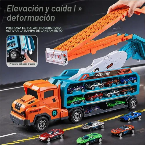 Vista 5 de Juguete de camión portador, pista de carreras plegable de 2 capas de 33 Verde