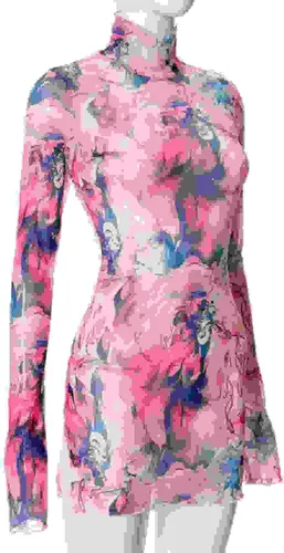 Vista 6 de Vestido corto de malla transparente con teñido anudado floral para mujer, sexy, cuello alto falso, ajustado, acampanado, manga larga, vestido
