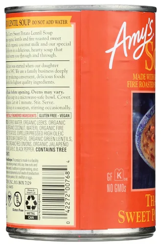 Vista 4 de Amy's Sopa, sopa de lentejas de camote y curry tailandés, vegano, 14.1 onzas