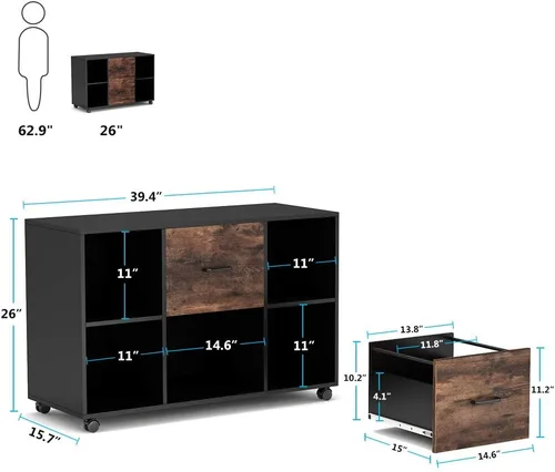 Vista 3 de Tribesigns Archivador de 2 cajones, archivador lateral móvil grande para tamaño carta, soporte de impresora con estantes de almacenamiento y ruedas