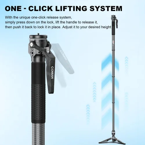 Vista 2 de COMAN Monopod de fibra de carbono M1 de 62.8 pulgadas para cámara, monopie de elevación con un solo clic con pies, compacto para viajes, carga