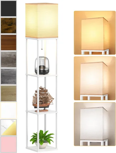 Vista 15 de Lámpara de pie con estantes para sala de estar color marrón nogal, lámpara de pie con estante con bombilla LED de 3 CCT, lámpara de columna de pie