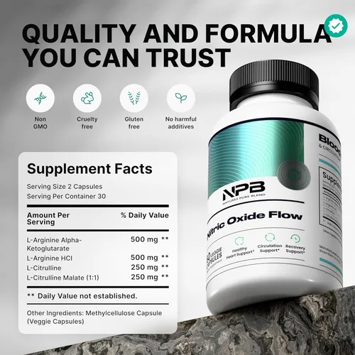 Vista 2 de Nature's Pure Blend Suplementos de óxido nítrico para hombres – L-arginina L-citrulina – Apoyo al corazón y flujo de circulación – 1500MG L arginina