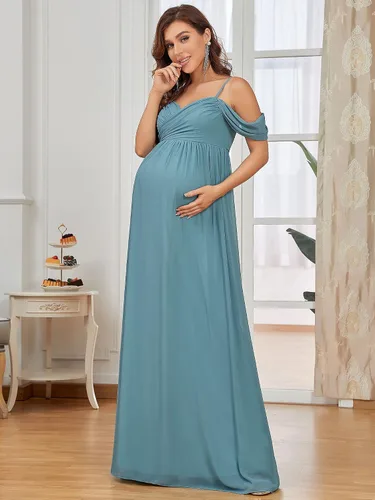 Vista 3 de Ever-Pretty Vestido de fiesta formal de maternidad con cuello en V y mangas cortas con tirantes delgados fruncidos 20809-EYUS