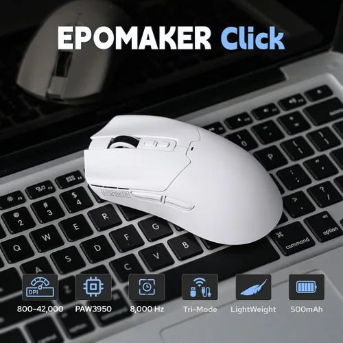 Vista 5 de EPOMAKER Click Gaming Mouse inalámbrico 2.4Ghz/BT/Type-C, 800 a 42,000 DPI ajustable, tasa de sondeo de 8 K, 500 mAh, mouse óptico ligero