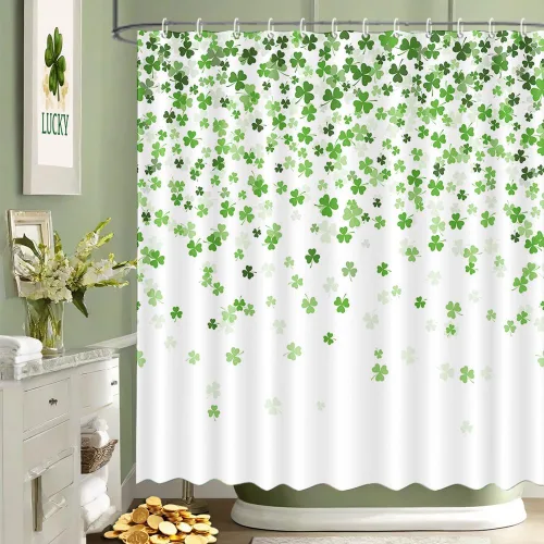 Vista 2 de MEHOFOND Cortina de ducha de trébol del día de San Patricio, cortina de baño de trébol irlandés, juego de cortinas de tela para el día de San