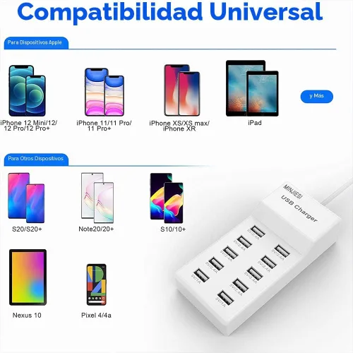 Vista 5 de Estaciones de carga USB 50w10A 10 puertos múltiples bloque de carga/tira USB de alimentación para iPhone, Android, smartphone, tableta, reloj