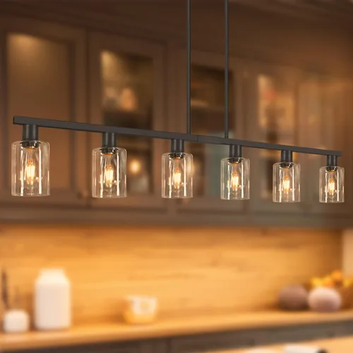 Vista 21 de Iluminación de isla de cocina de 4 luces, lámpara cromada para comedor, luz de isla para colgar sobre la mesa para candelabros lineales de granja
