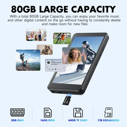 Vista 8 de Reproductor MP3 inteligente de 80 GB con Bluetooth y WiFi, pantalla táctil KeenPlus MP4 de 4.0 pulgadas y Android 13 compatible con las últimas