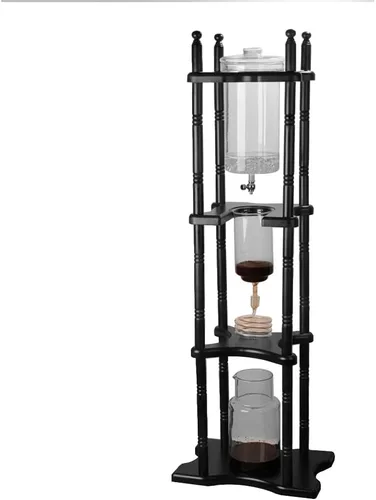 Vista 8 de Cafetera de goteo de hielo, 84.54 onzas, cafetera retro para el hogar, con recipiente de vidrio vertical japonés y soporte de madera, cafetera