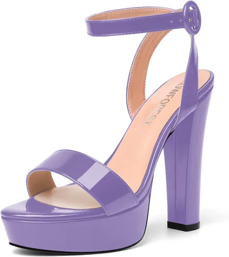 Vista 10 de SHOWFOREST Sandalias de tacón alto para mujer, con hebilla de plataforma y hebilla de charol y correa de tobillo de bloque sólido, 5 pulgadas Beige