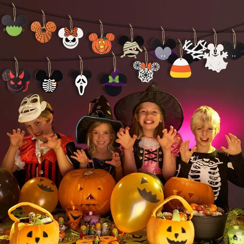Vista 5 de 46 piezas adornos colgantes de madera de ratón de Halloween, rebanadas de madera de ratón con cuerdas para fiesta de Halloween, adorno colgante