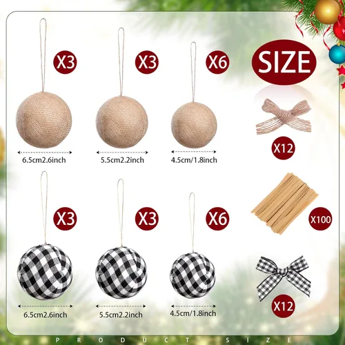 Vista 2 de Sratte 48 adornos de Navidad de granja, 24 bolas de tela a cuadros con 24 piezas de lazo, bonitas bolas de Navidad rústicas de arpillera