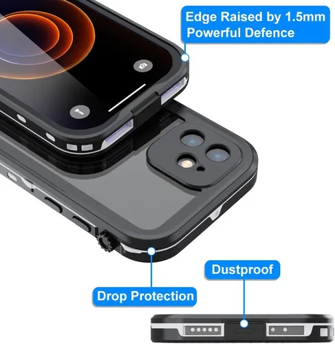 Vista 11 de Funda impermeable para iPhone 12 Mini, cobertura completa IP68, impermeable, a prueba de golpes y polvo con protector de pantalla integrado