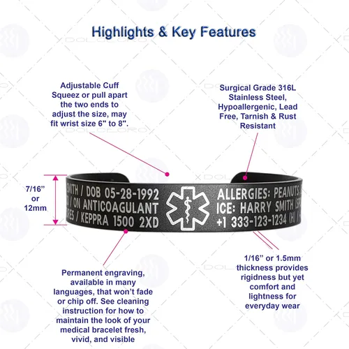 Vista 6 de Pulsera de identificación de alerta médica, acero inoxidable 316L, personaliza y personaliza, selecciona un tamaño de muñeca, de 6 a 9 pulgadas