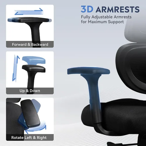 Vista 11 de DEVAISE Silla de oficina grande y alta, silla de escritorio ergonómica reclinable para largas horas, cómoda malla transpirable, reposabrazos Negro