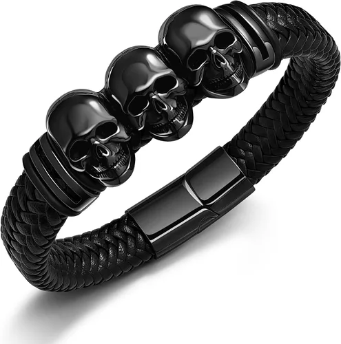 Vista 8 de Pulseras de cuero trenzado de calavera gótica para hombres y mujeres, acero inoxidable 316L, chapado en oro de 18 quilates, pulsera de cuero tejida