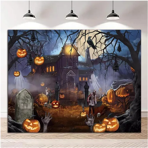 Vista 9 de Telón de fondo temático de Halloween para fotografía, castillo de fantasmas, luna, noche aterradora, calabaza, farol, cuervo, fondo de fotos