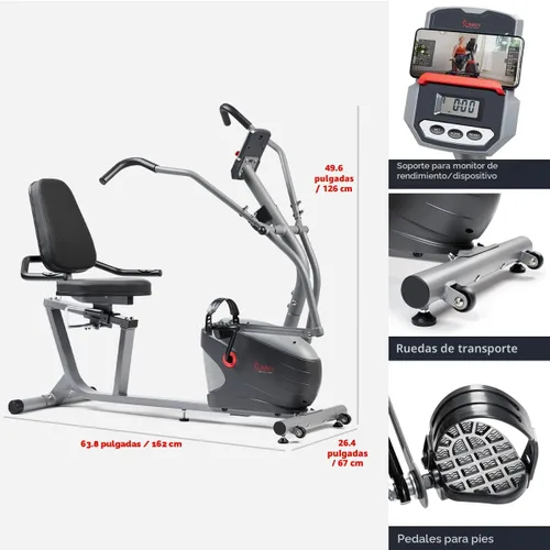 Vista 6 de Bicicleta reclinante inteligente Sunny Health & Fitness, entrenamiento completo del cuerpo en casa con ejercitadores de brazos y piernas, máquina