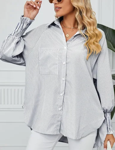 Vista 4 de Camisas a rayas con botones para mujer, blusa elegante con cuello en V y manga larga