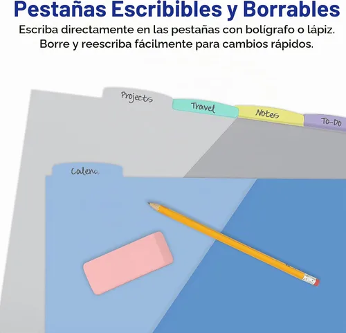 Vista 5 de Avery Write & Erase Separadores de plástico de bolsillo para carpetas de 3 anillas, juego de 5 pestañas, funciona con protectores de hojas