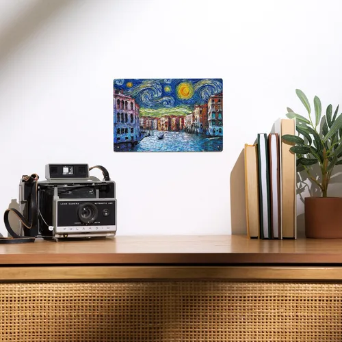 Vista 2 de Lantern Press Letrero de metal de 6 x 9 pulgadas, Venecia, Italia, noche estrellada, Van Gogh