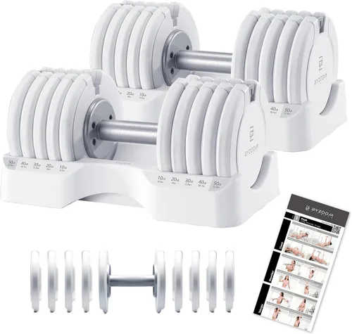 Vista 17 de ByZoom Fitness - Mancuerna ajustable de 12.5/25 libras – Unidad individual O juego de 2 – Peso ajustable 5-en-1 para gimnasio en casa, entrenamiento