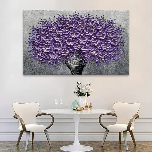 Vista 5 de Epicler art Pintura al óleo decorativa de flores 3D moradas pintadas a mano, arte de pared decorativo de pared de flores, arte moderno, sala