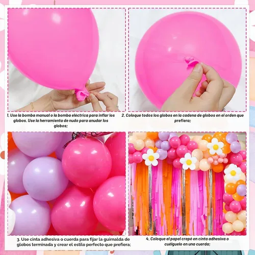 Vista 5 de Telón de fondo con flecos de arco de globos de color rosa y naranja, kit de arco de guirnalda de globos de margarita, serpentinas geniales