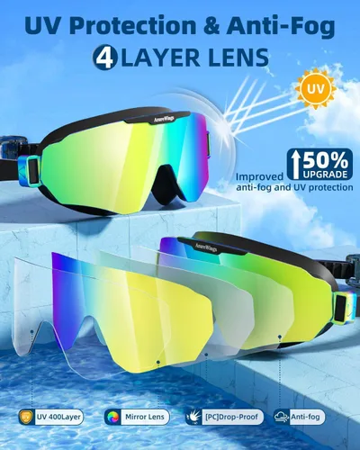 Vista 4 de Paquete de 2 gafas de natación para hombres, mujeres y adultos, marco grande, antivaho, sin fugas, protección UV HD, visión amplia, gafas